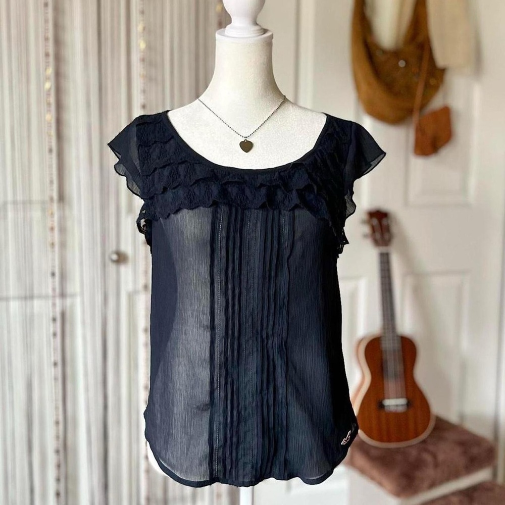 hollister navy blue sheer lace ruffle blouse